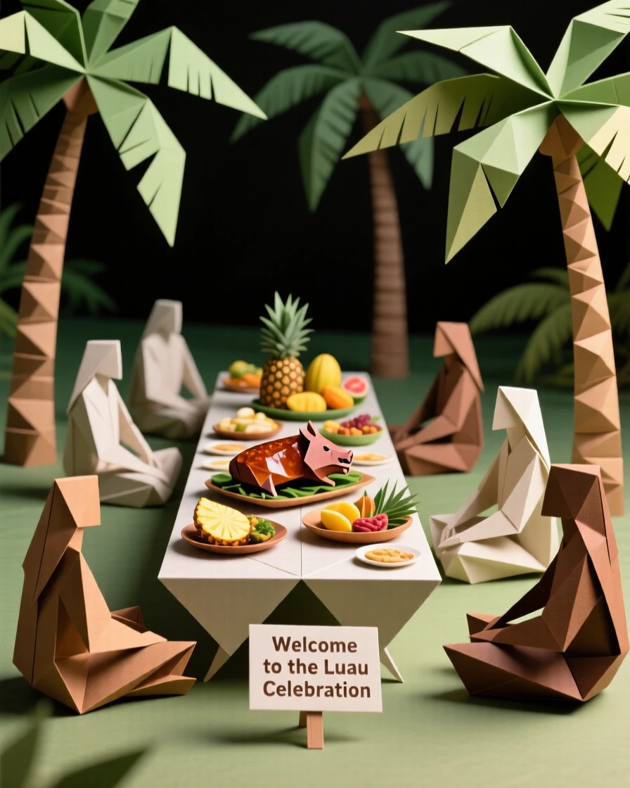 A Hawaiian luau celebration scene with a feast spread beneath swaying palm trees.