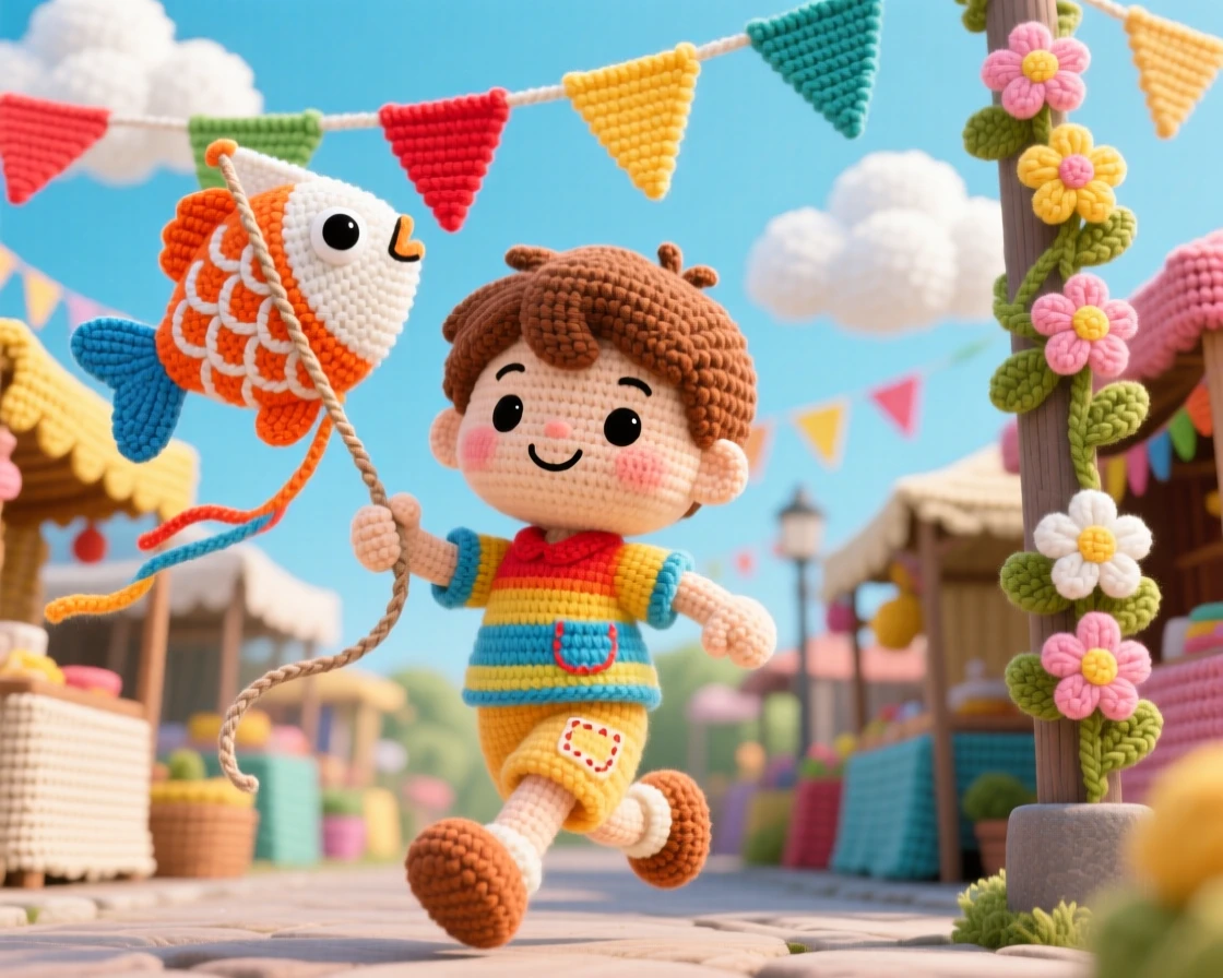 a small boy holding a kite shaped like a fish, for a children's day celebration, running joyfully beneath a clear sky, at a festive market street strung with colorful decorations, with a garland of woven flowers draped nearby, radiating the cheerful spirit of a beloved tradition.