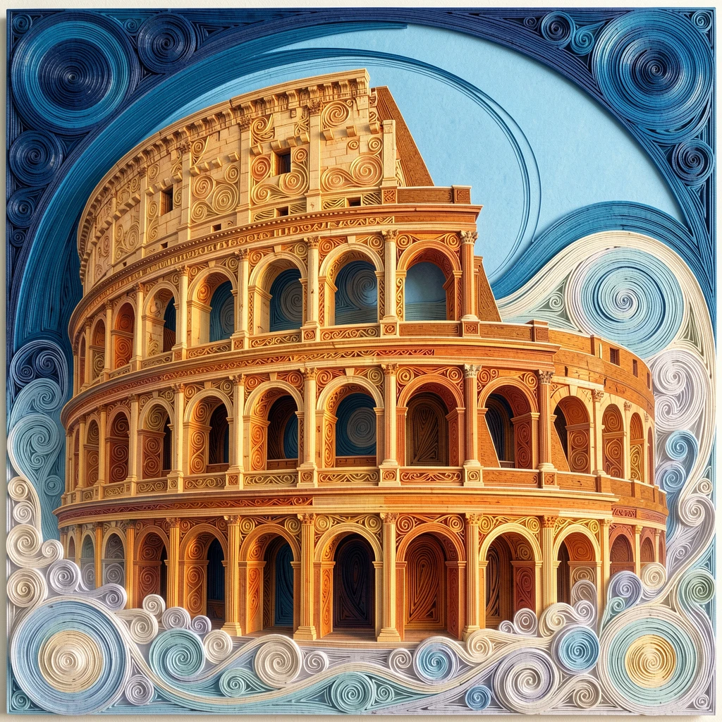 the Colosseum bathed in warm evening light, wrapped in gentle morning mist, composed with the landmark as a striking central focal point, in crisp, clear tones under a bright blue sky.