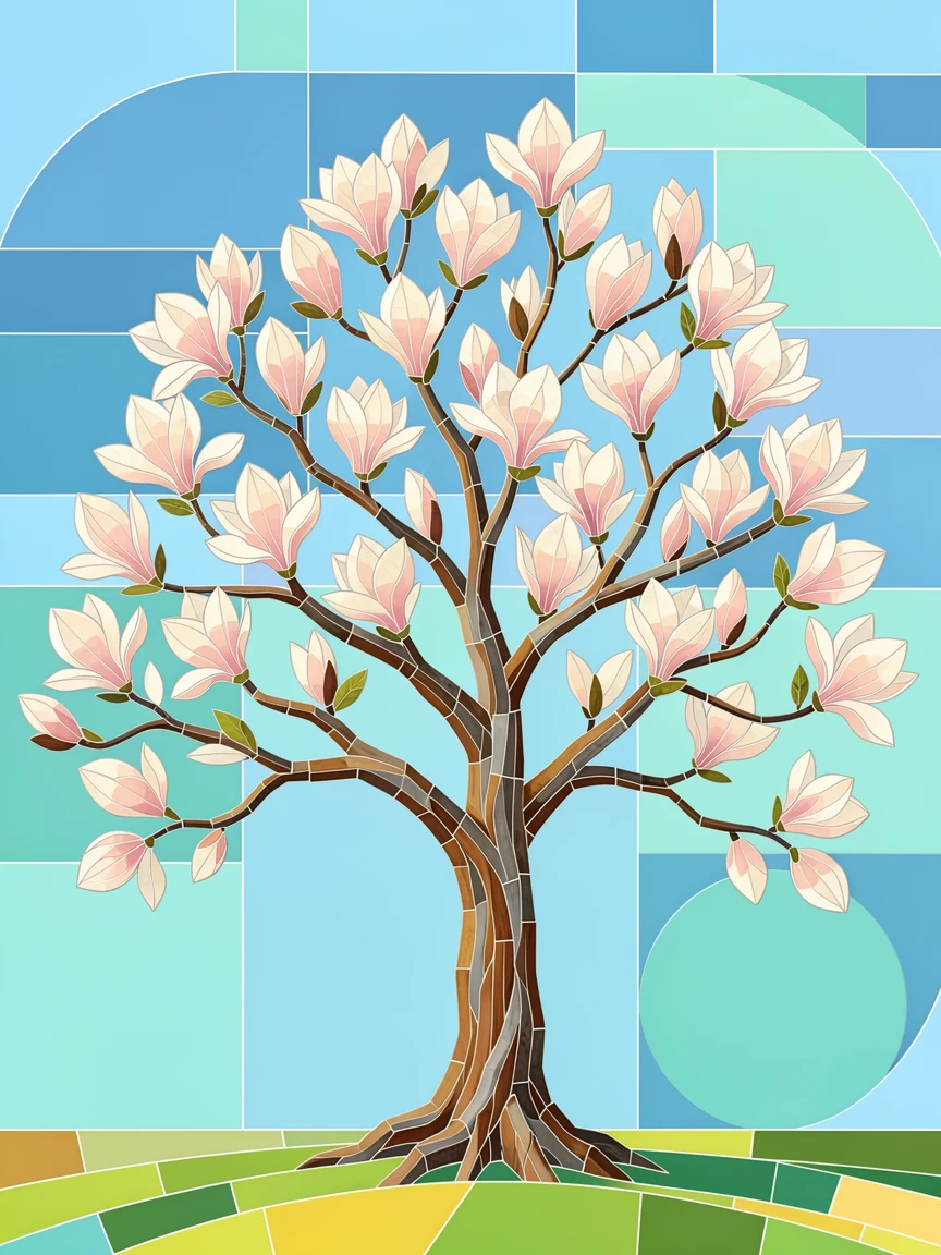 A magnolia tree in full bloom against a clear spring sky.