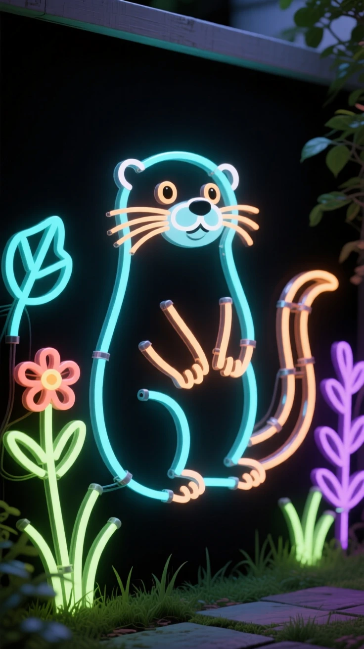 a playful otter pup in a quiet backyard garden.