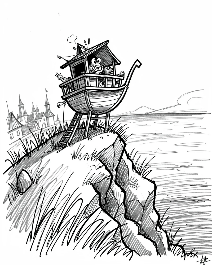 A ship's crow's nest overlooking the open sea atop a hill at the edge of a kingdom.