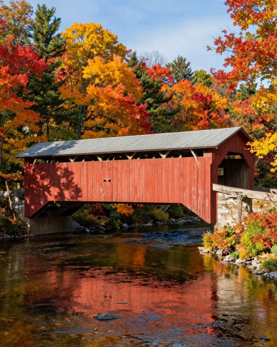 A Vermont covered bridge amid peak fall colors