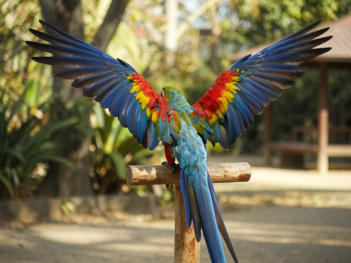 A macaw displays its full wingspan while perched on an outdoor stand.