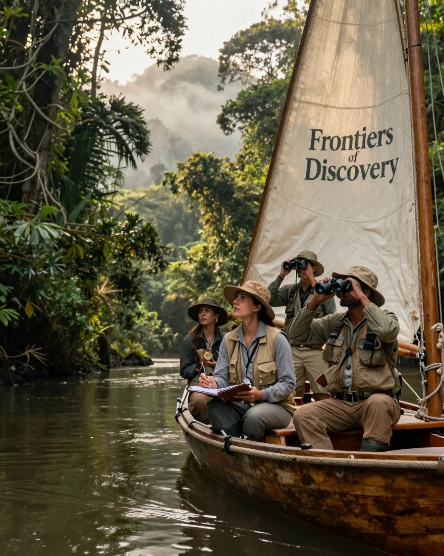 A team of researchers sailing toward an uncharted horizon in the heart of a remote rainforest