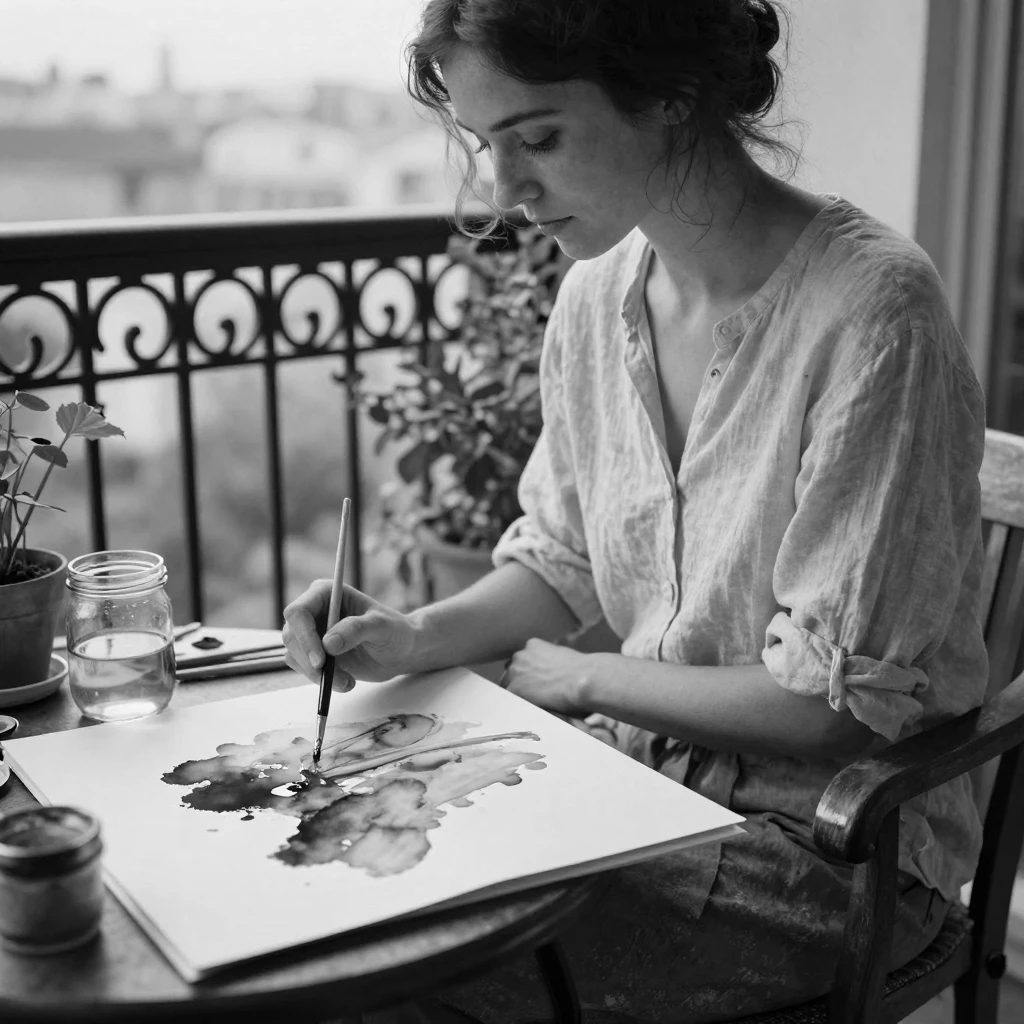 A watercolor painter blends soft washes of color on paper on a peaceful balcony.