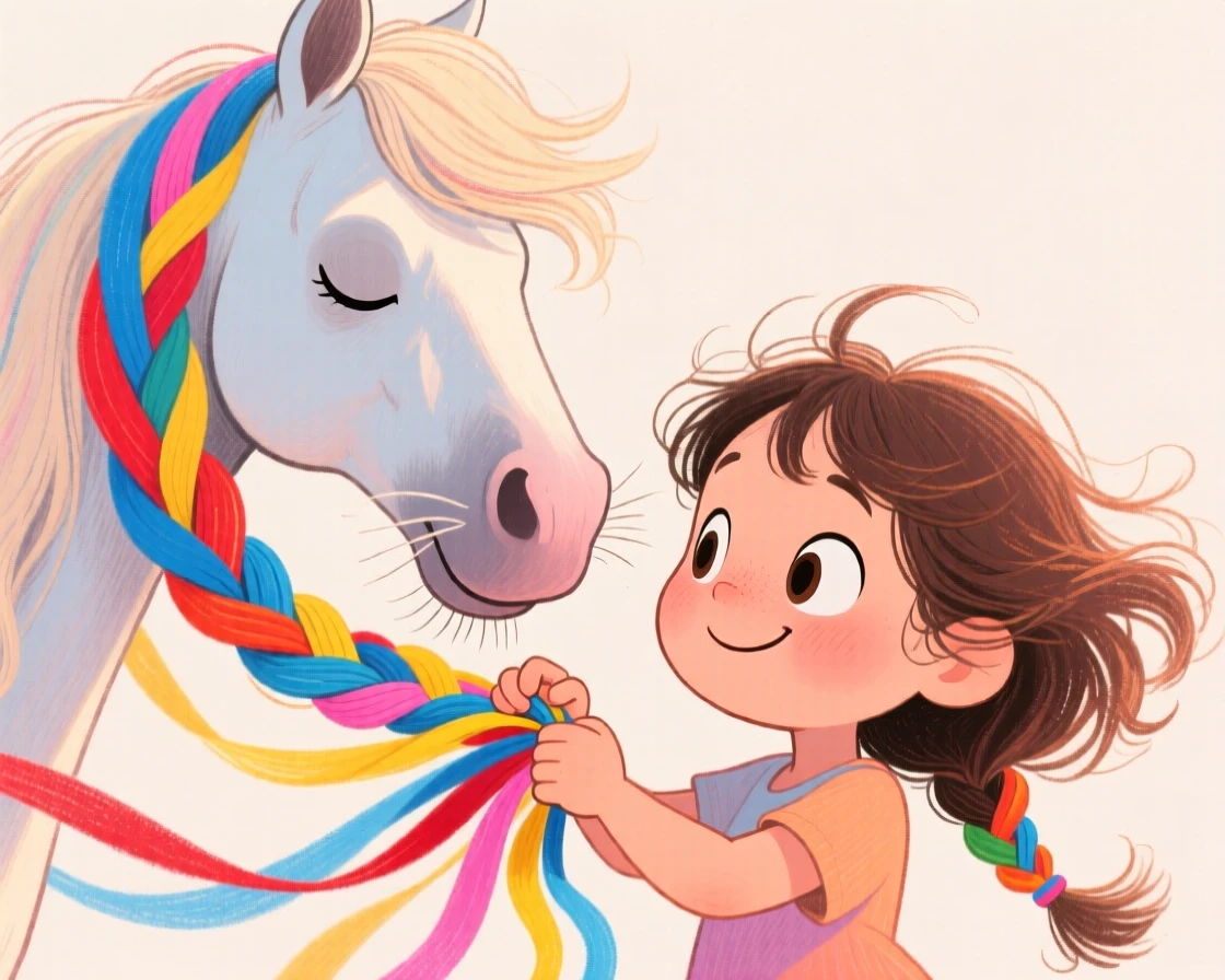 A little girl braiding ribbons into her patient pony's mane.