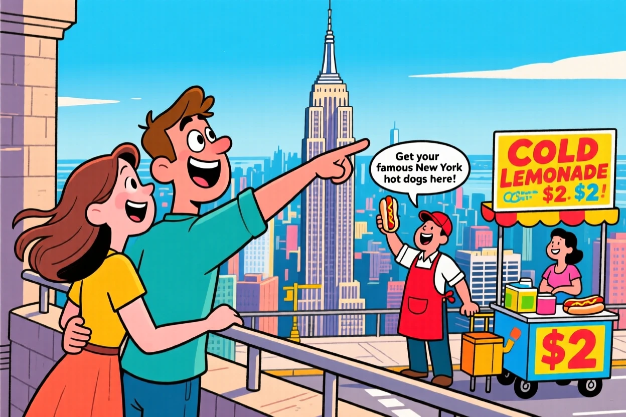 An iconic travel scene featuring a young couple taking in the view from the top of the Empire State Building, as street vendors call out cheerfully nearby.