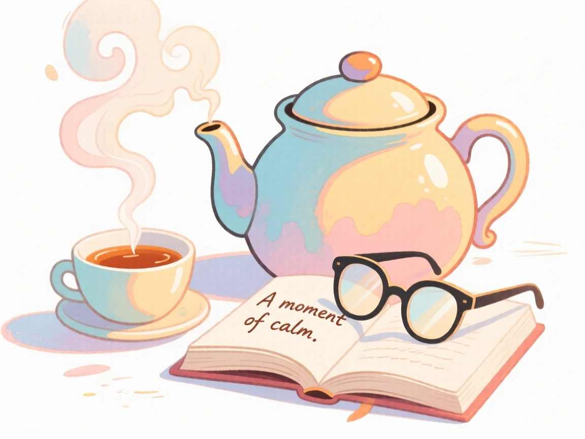 A cozy, appetizing, bright and cheerful scene of a steaming pot of tea beside an open book and reading glasses