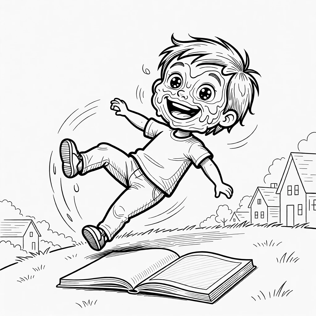 A kid mid-cartwheel that goes slightly sideways, beaming through a face completely covered in frosting, set on a grassy neighborhood hill. A half-finished coloring book lies open on the floor. There's an innocent, giggly charm to the whole moment.