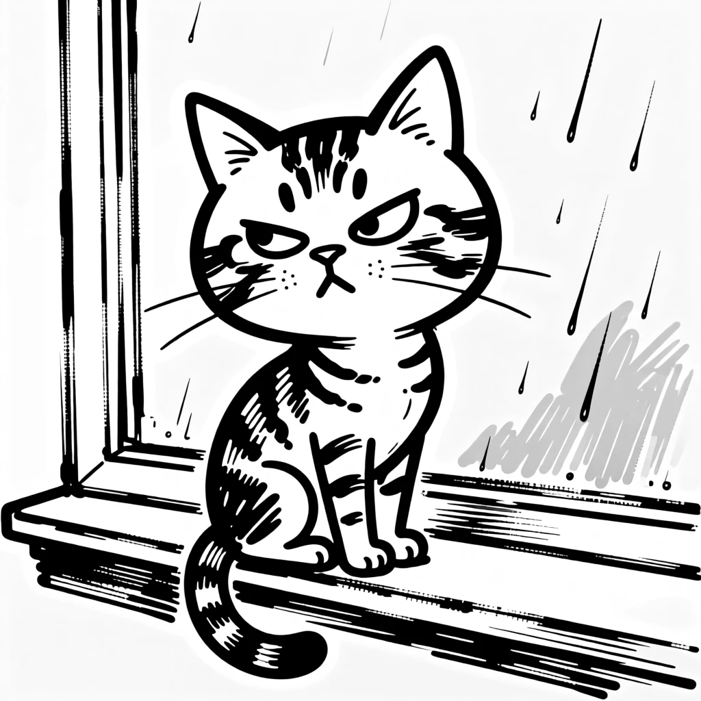 A tabby cat perched on a windowsill watching rain fall outside with a thoughtful expression.