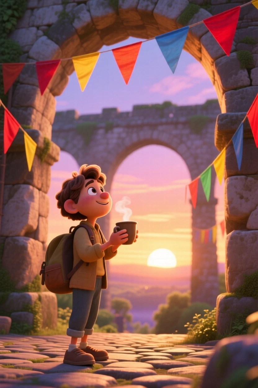A traveler sipping coffee at a small cafe stands beneath the arches of an ancient stone aqueduct, watching the sun rise over the horizon. A warm sense of gratitude and wanderlust colors the moment, with colorful flags fluttering nearby.