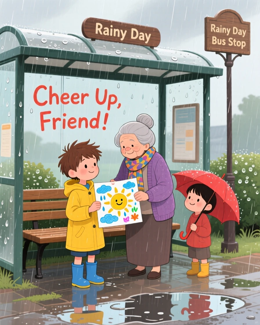 In a rainy bus stop, a young boy and an elderly neighbor bond over cheering up a friend with a surprise drawing, with quiet gratitude in their eyes.
