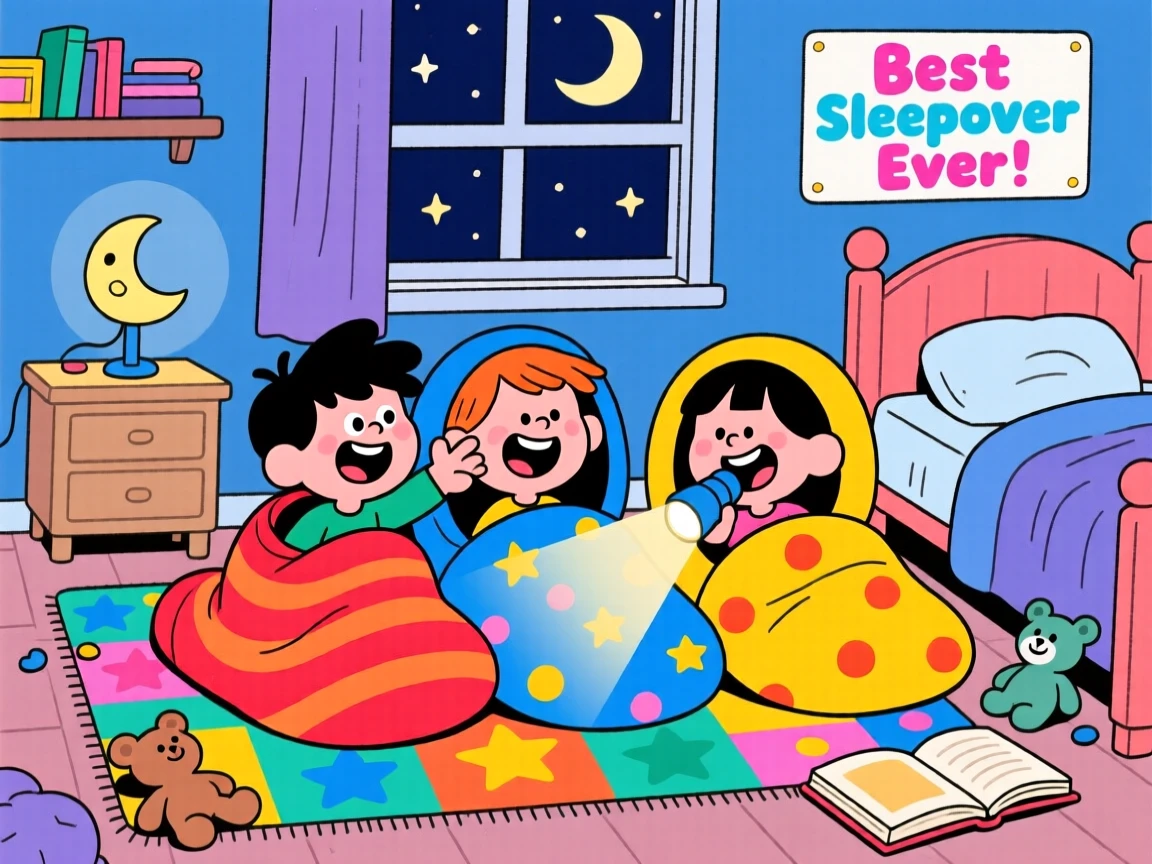 A kid's first sleepover, giggling in sleeping bags with friends.