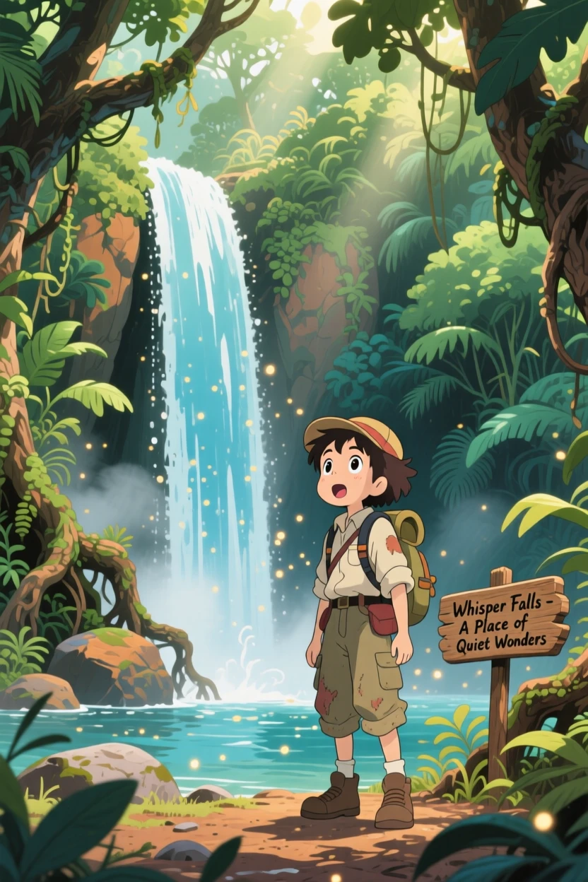An explorer discovering a hidden waterfall deep in the jungle, the moment adventurous and hopeful.