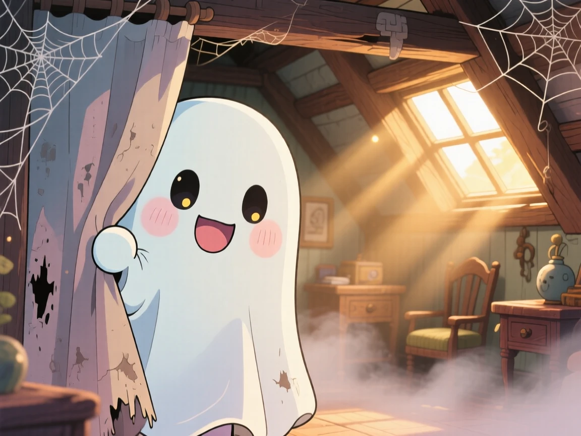 Close-up portrait: a round friendly ghost, playing peekaboo behind a curtain, set against a cozy haunted attic on a misty foggy morning, with rays of sunrise breaking through clouds and a mood of warm affection.