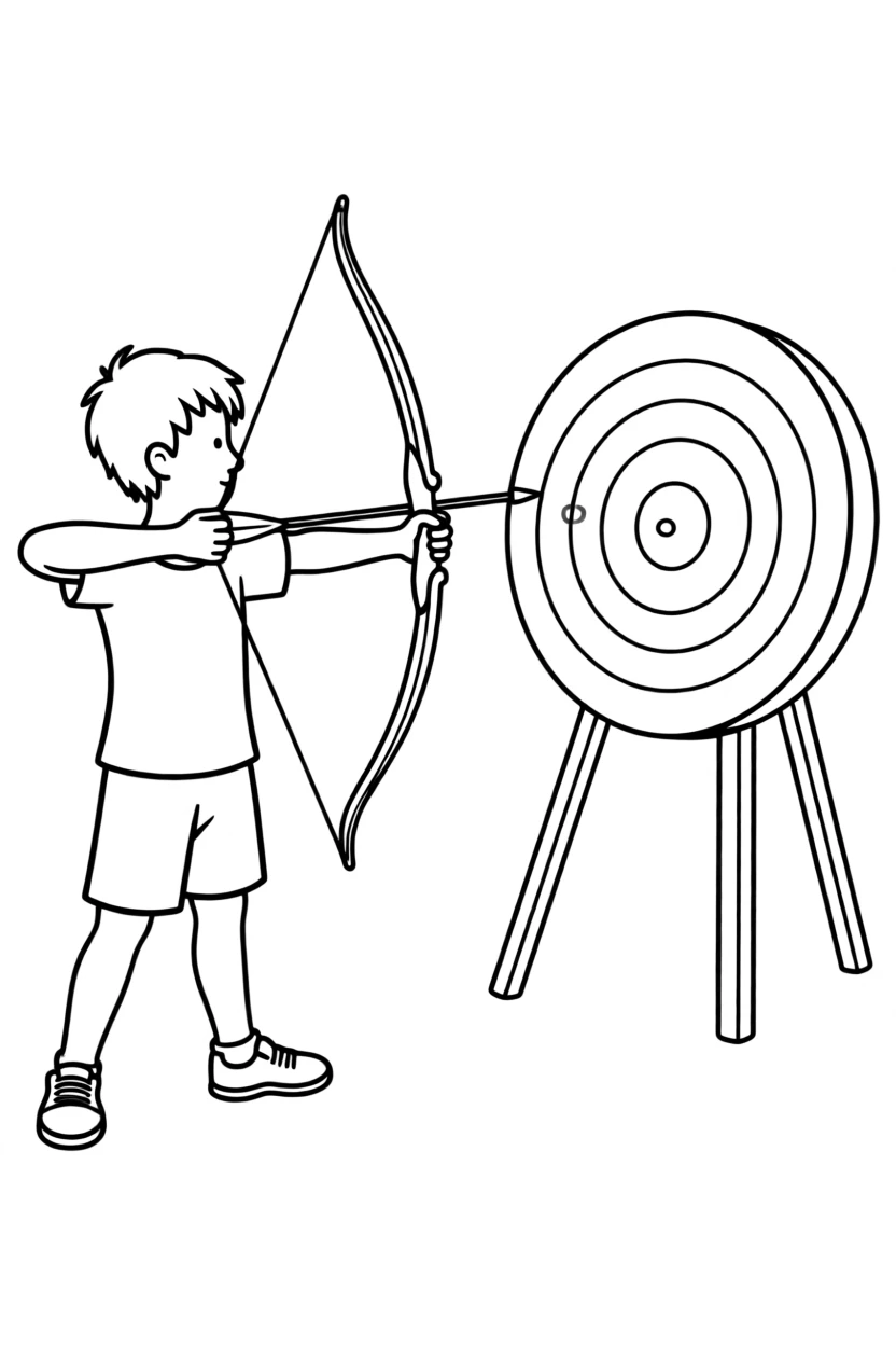 A child practicing archery with a bow and target