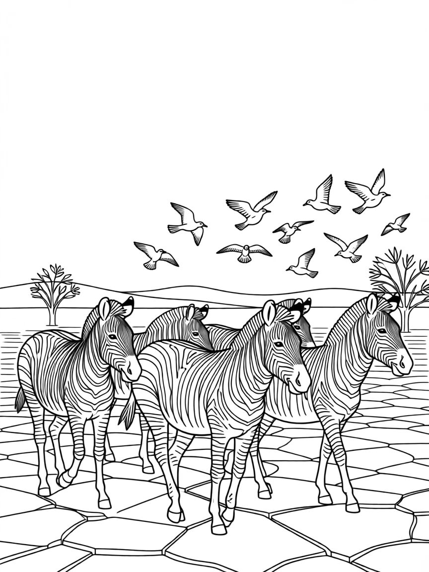 A herd of zebras walking across a cracked desert plain, with a flock of small birds scattering nearby.