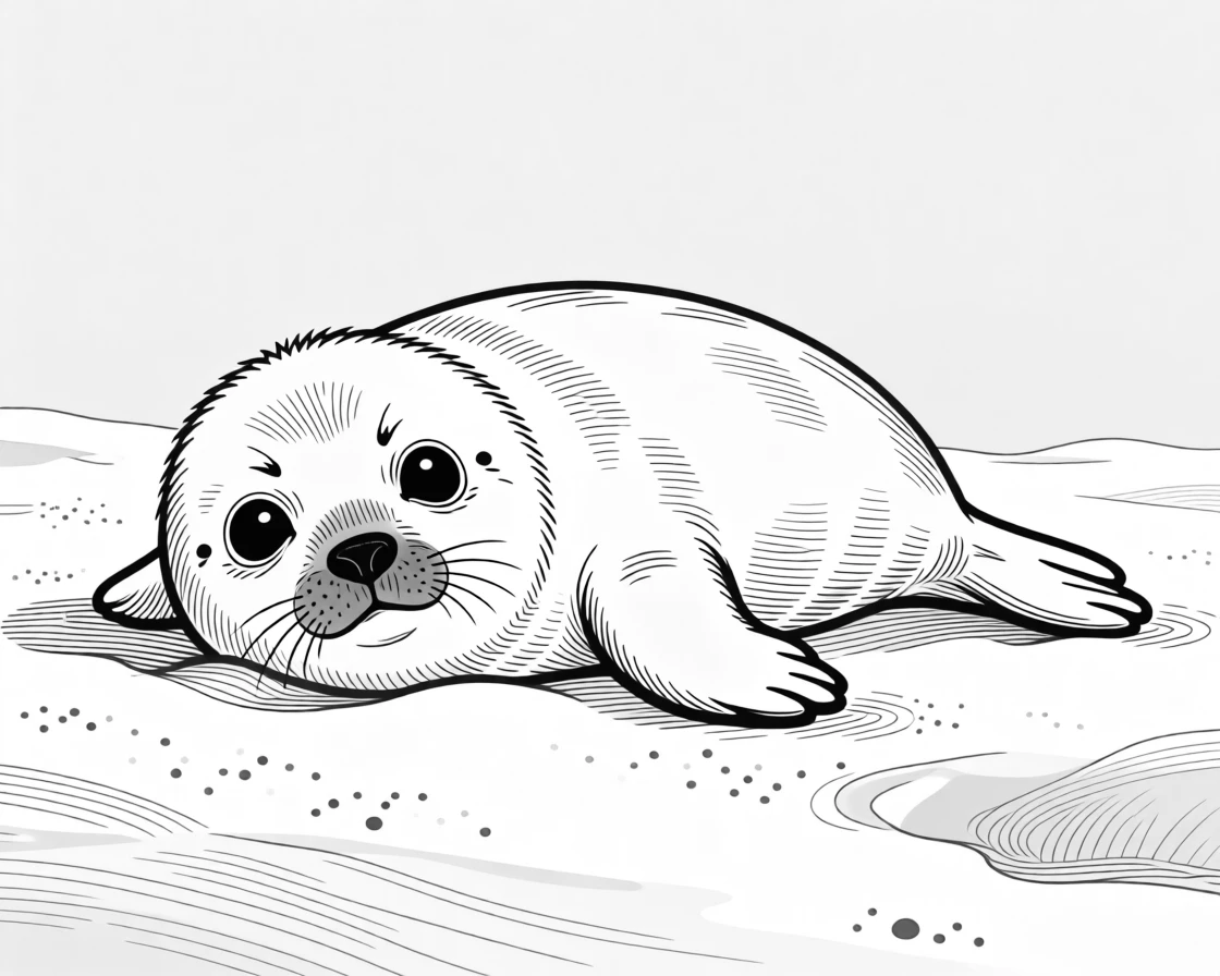 A baby seal with big dark eyes resting on snow