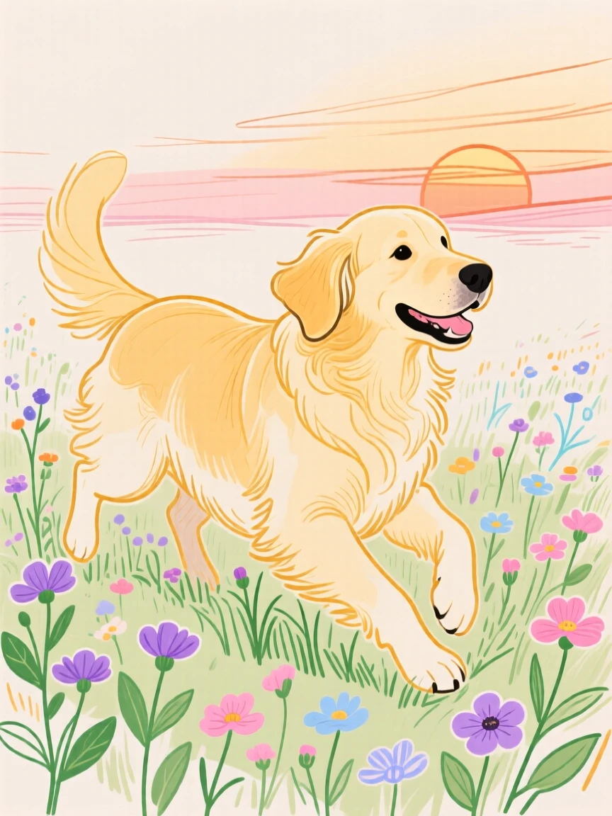 A golden retriever playing near a wildflower field at sunset.