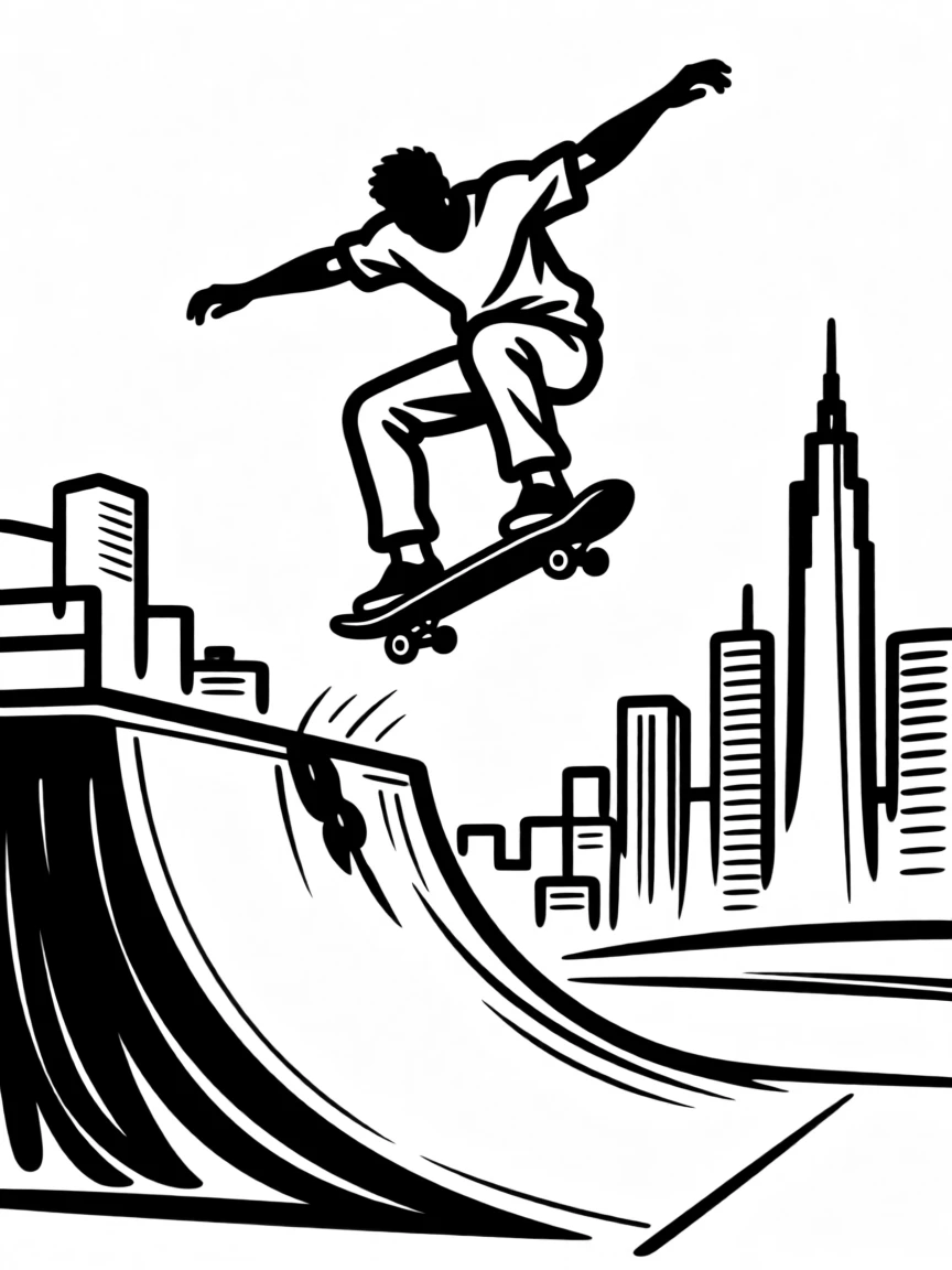 A skateboarder catching air off a ramp against a city backdrop.
