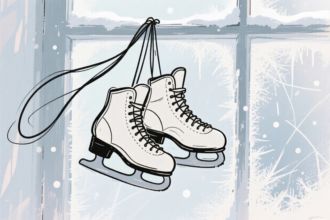 A pair of ice skates hanging beside a frosted windowpane.
