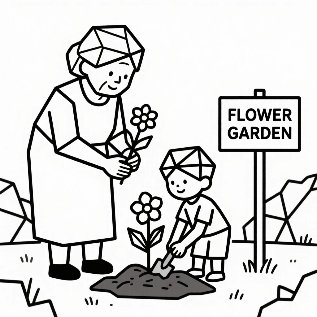 A grandmother and grandchild planting flowers in a garden