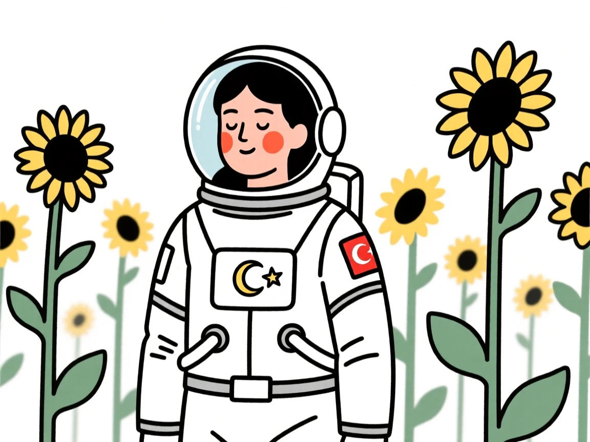 An astronaut of turkish heritage in training, looking serene and at peace, in a sunflower field.