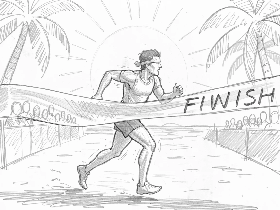 An energetic scene of a runner crossing a finish line at sunrise on a sun-drenched tropical beach, with the crowd blurred in the background.