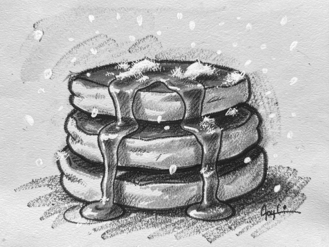 A stack of golden pancakes drizzled with syrup, under a soft blanket of falling snow.