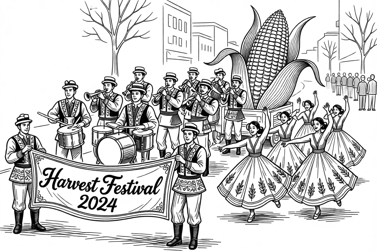 A vibrant street parade celebrating a local harvest festival.