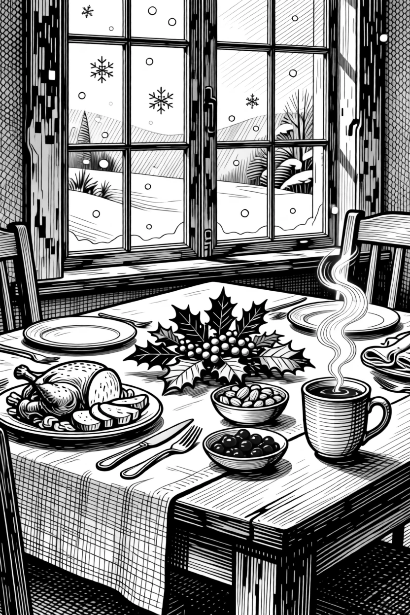 A table set for a festive holiday feast while gentle snowflakes drift past a window, with a steaming mug of cocoa resting nearby, capturing a peacefully magical seasonal moment.
