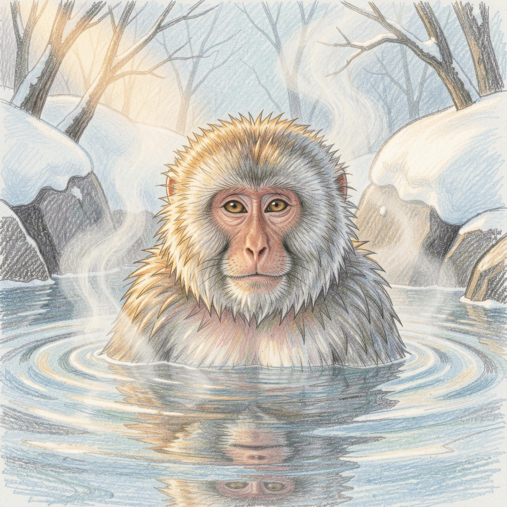 A snow monkey soaking in a steaming hot spring in winter, with soft, natural light bringing warmth to every detail, celebrating a moment people would love to revisit.