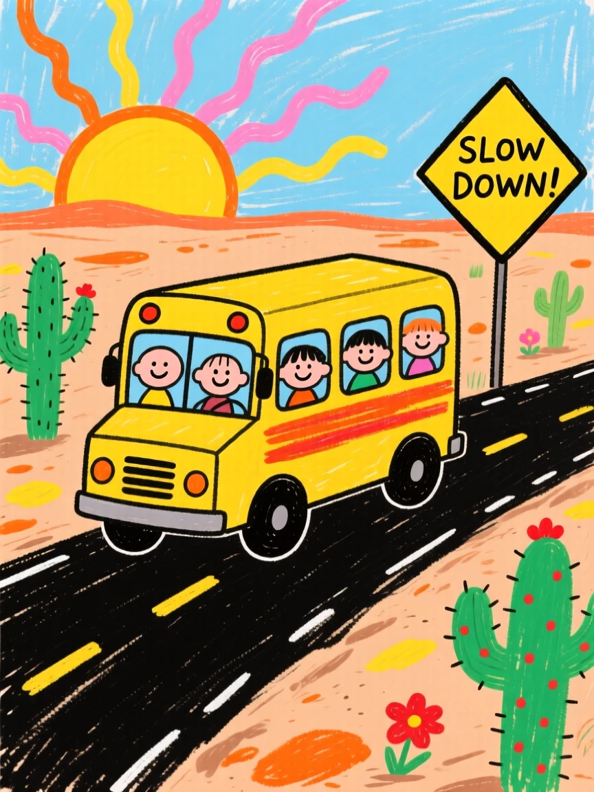 A big yellow school bus racing along a desert highway at sunrise.