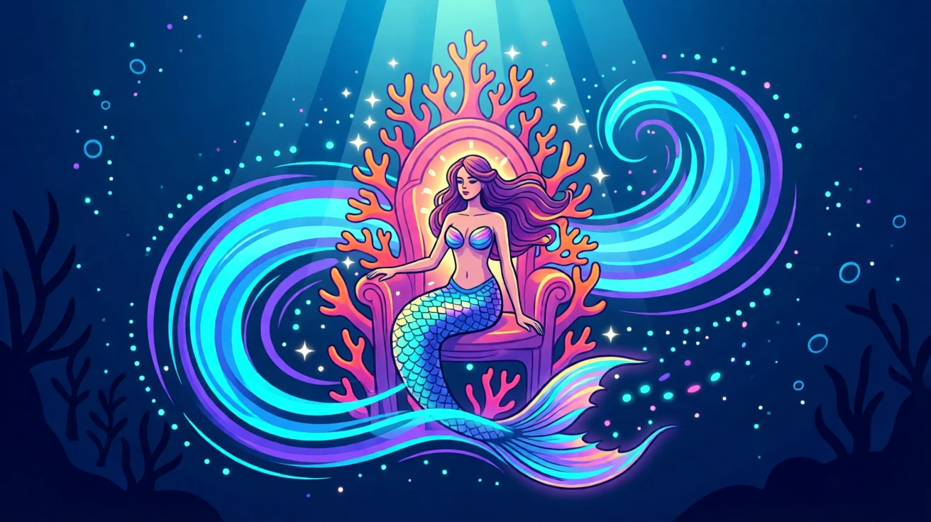 A mermaid perched on a glowing coral throne beneath the sea, surrounded by swirling magical energy and sparkling light, arranged with dramatic lighting emphasizing the magical elements, with subtle magical particles drifting through the air.