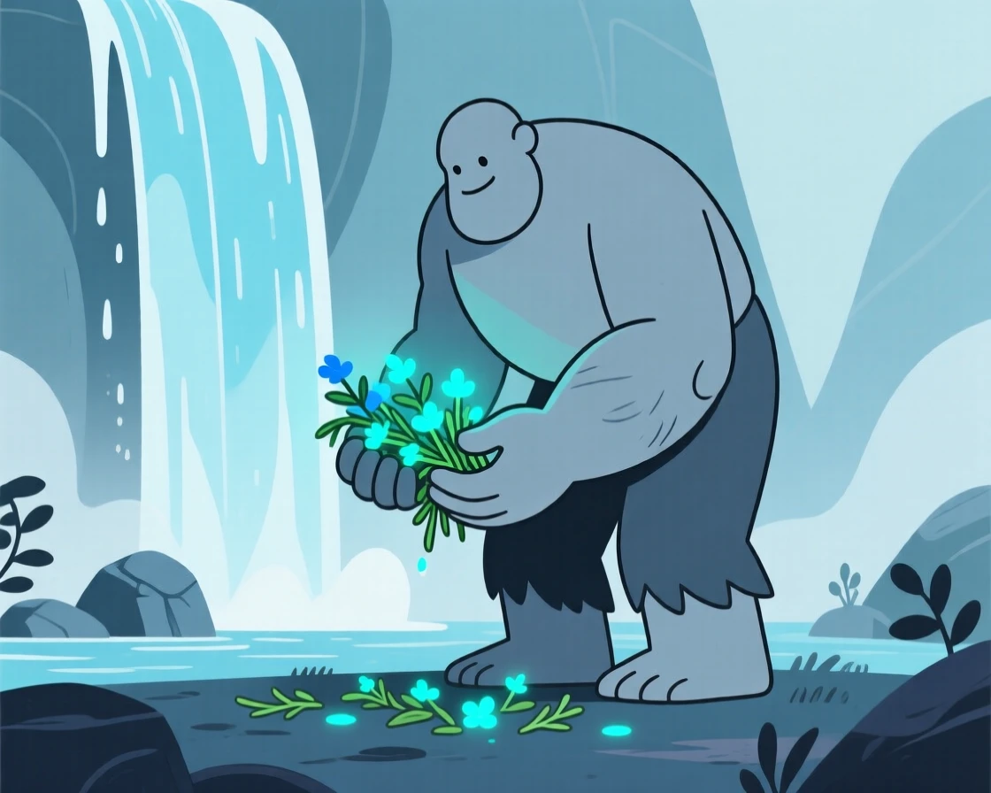 A gentle giant gathering glowing herbs near an enchanted waterfall.