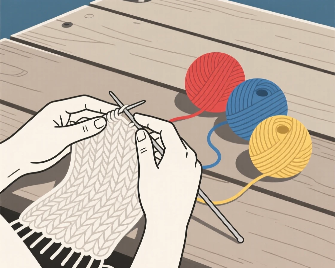 A close view of hands knitting a scarf near balls of colorful yarn in a lakeside dock, full of quiet satisfaction.