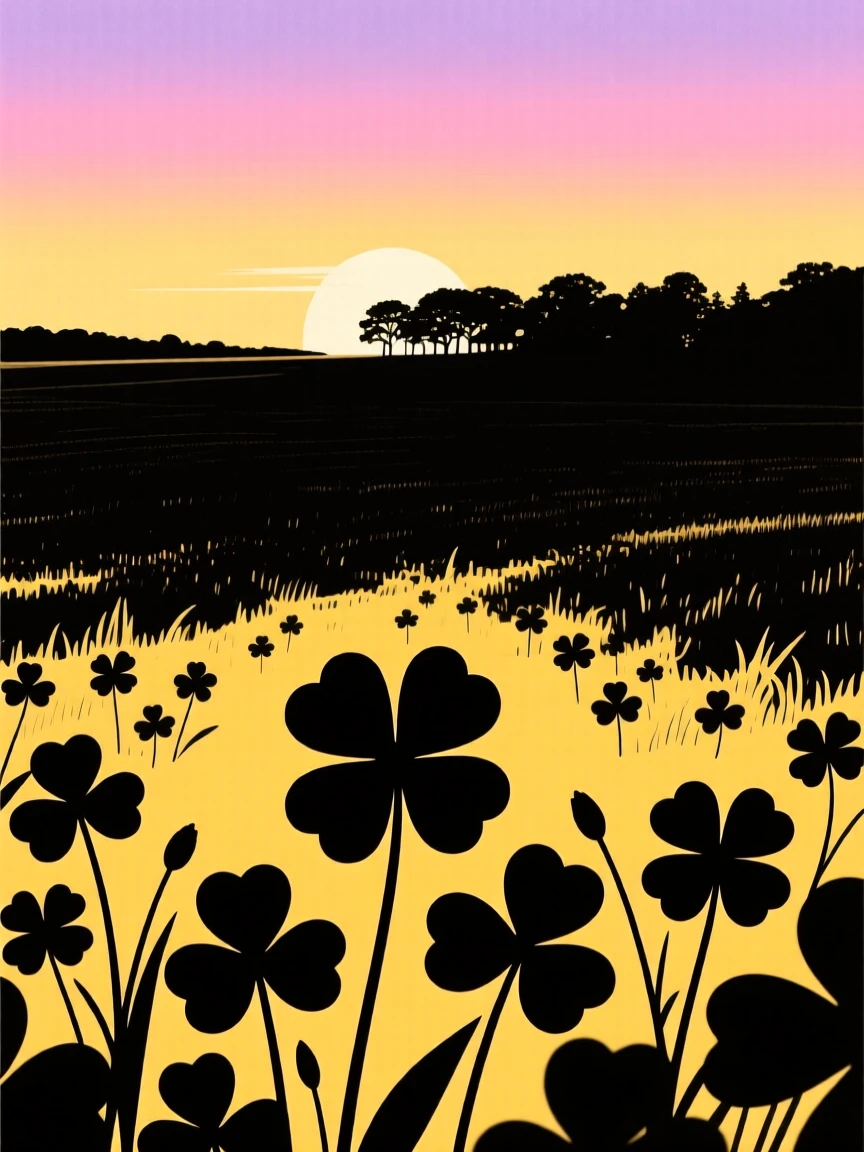 A wide field of clover stretching toward a distant tree line.
