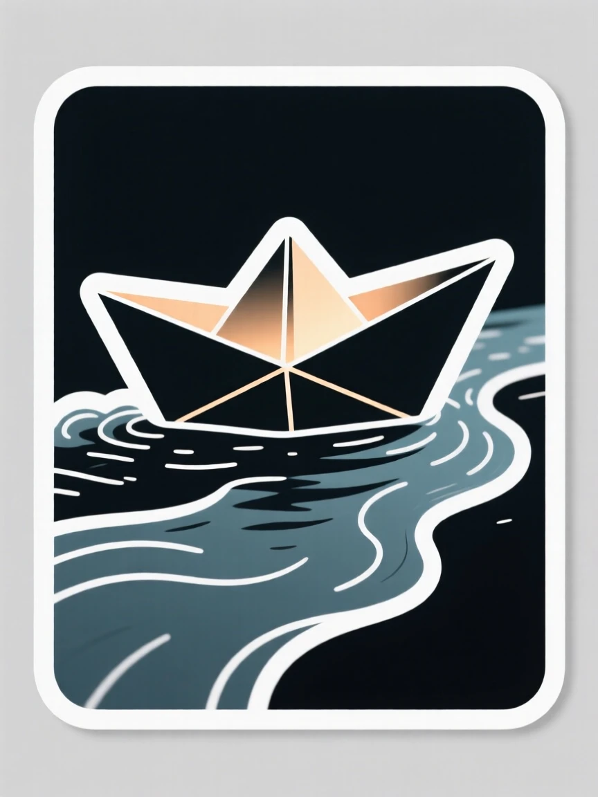 A calmly strong scene of a paper boat sailing bravely down a stream, glowing softly against a dark background, marking the start of something meaningful.