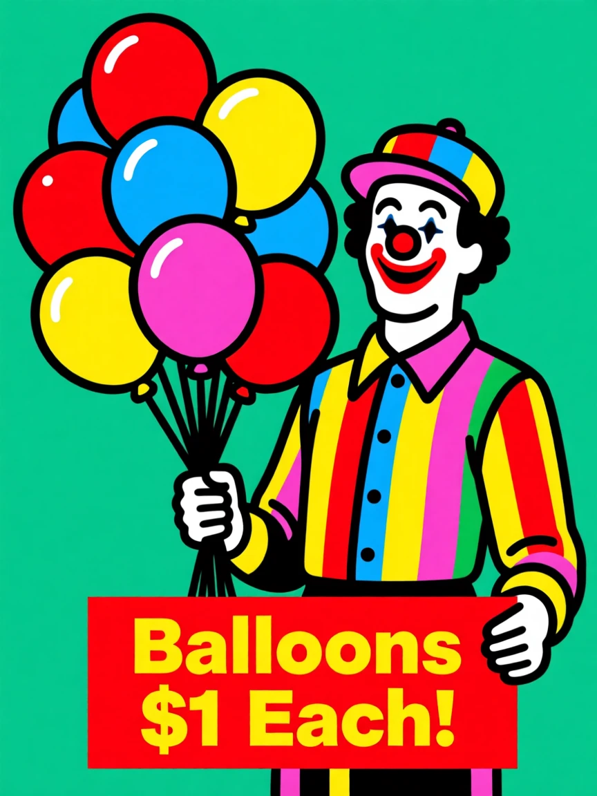 Retro carnival balloon vendor with a bouquet of balloons