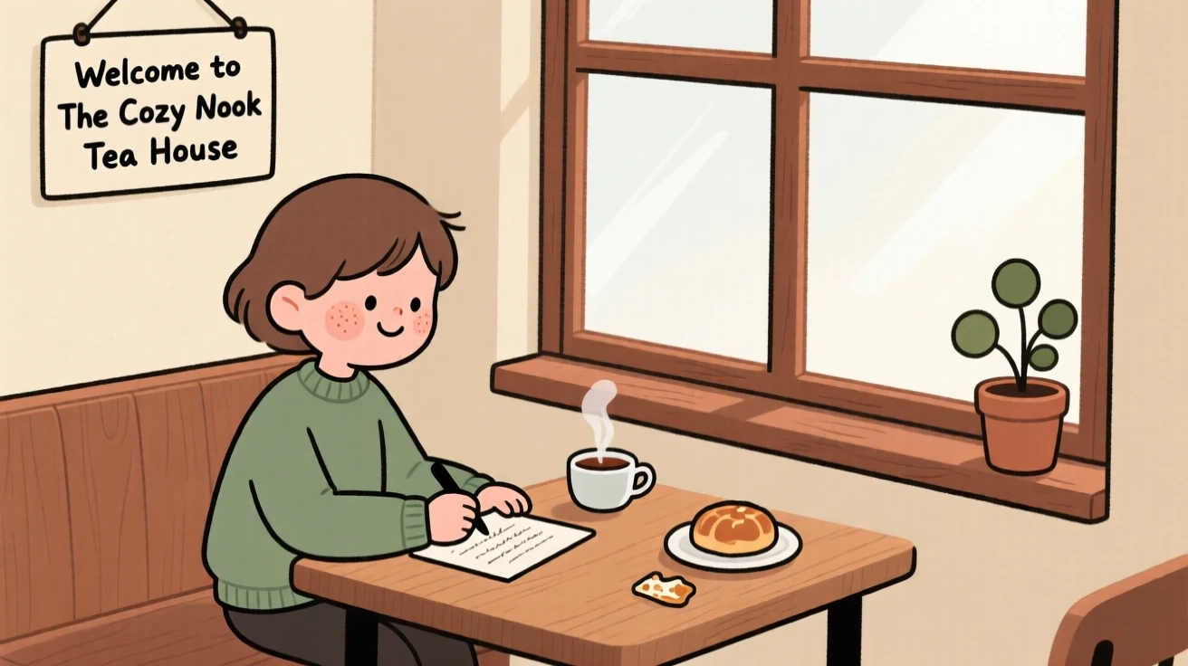 A student sits by the window of a small tea house, writing postcards as the smell of warm pastries fills the air.