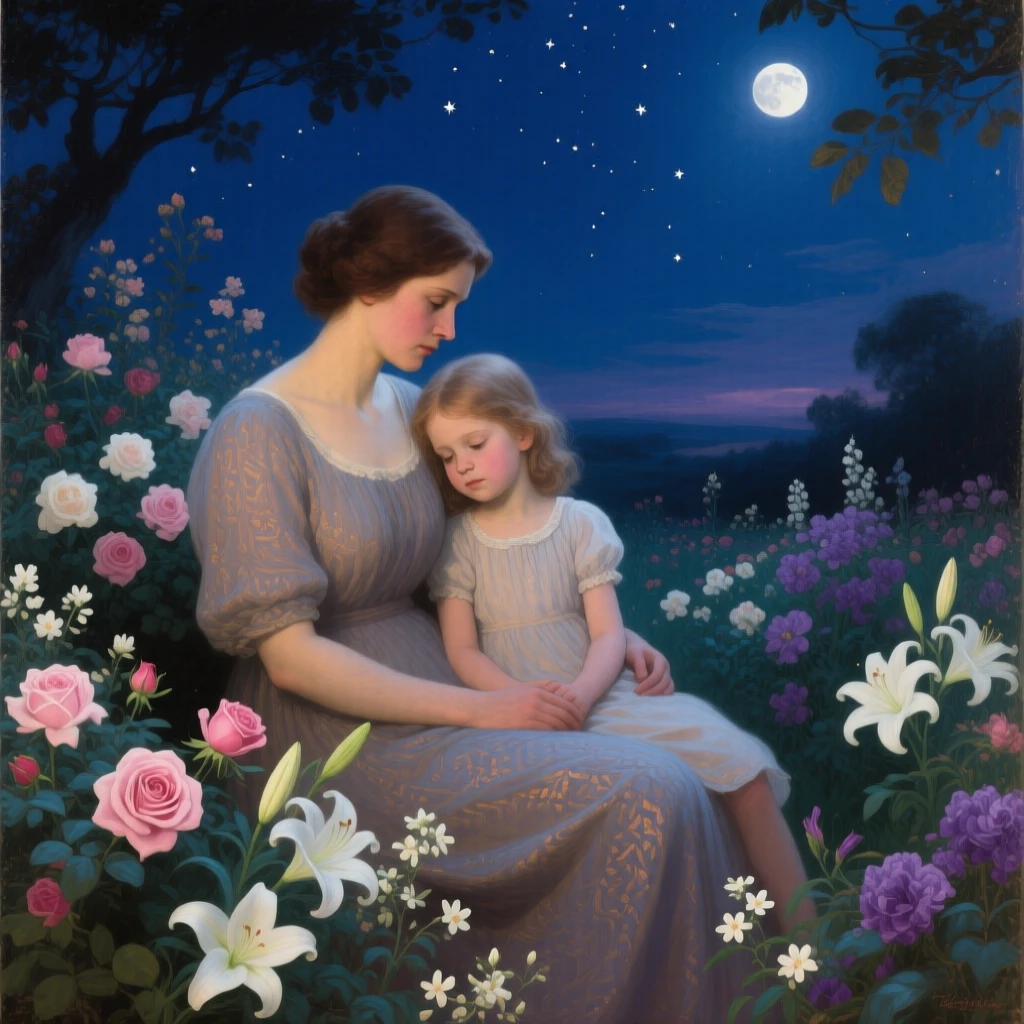A centered composition of a mother and her daughter in a fragrant flower garden, lost in thoughtful reflection, under the night sky.