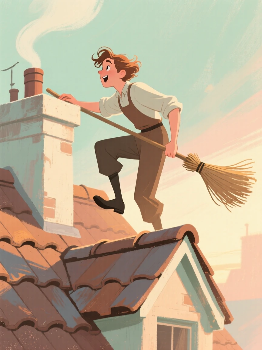 A chimney sweep climbing onto a rooftop at dawn