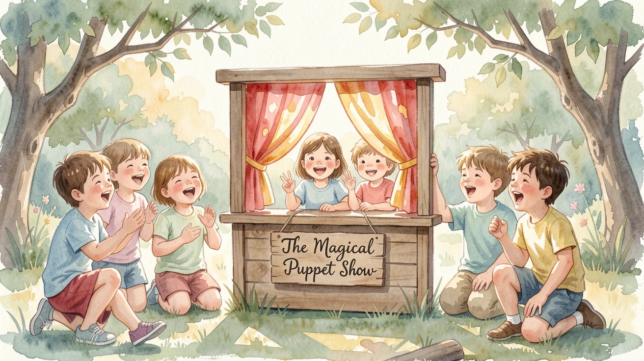 Children gathered around a puppet show with laughter filling the air.