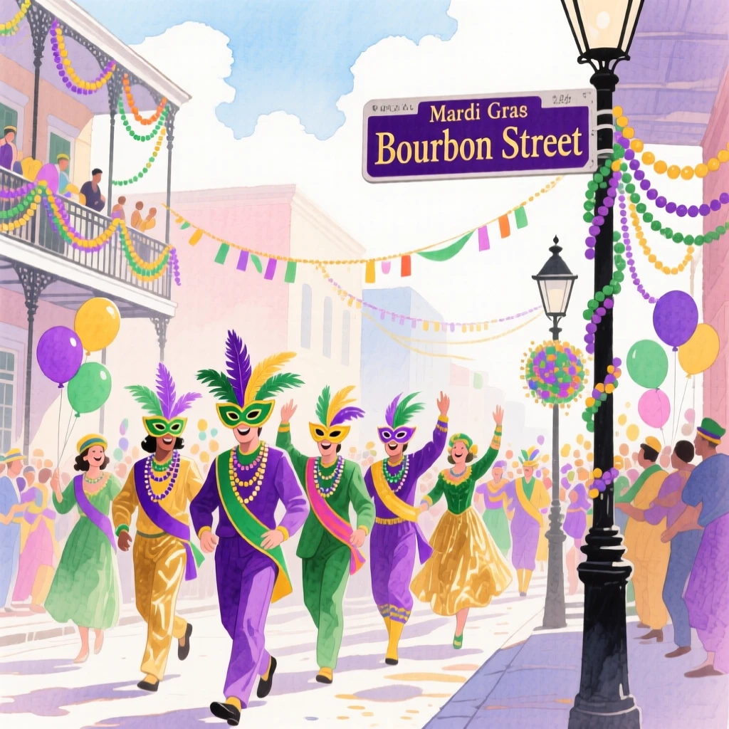 A joyful scene of a Mardi Gras street parade, surrounded by colorful decorations, capturing the warmth of the celebration