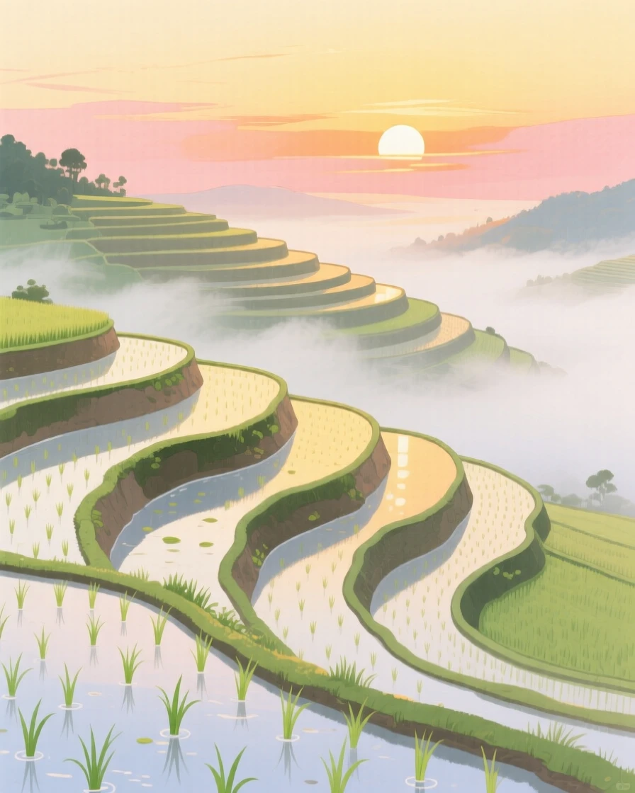 A terraced rice field at sunrise bathed in warm light under a soft blanket of fog.
