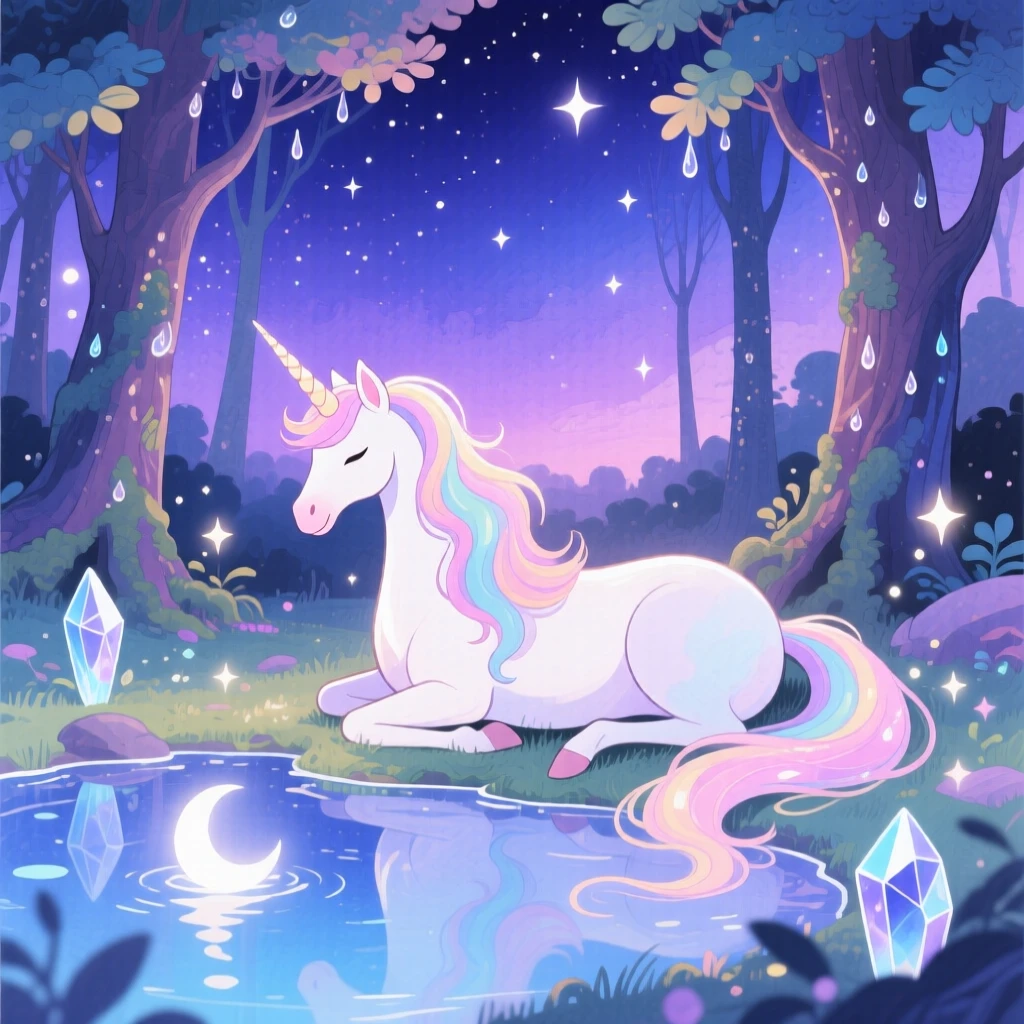 A shimmering unicorn resting beside a crystal-clear pond under moonlight, in an enchanted forest at twilight, radiating gentle magic and wonder.