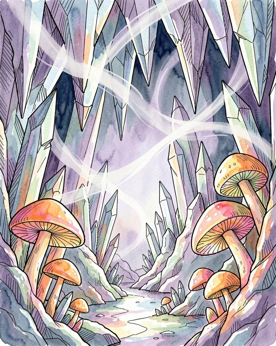 A crystal cavern lit by clusters of luminous mushrooms, swirling light and mist adding a dreamlike quality.