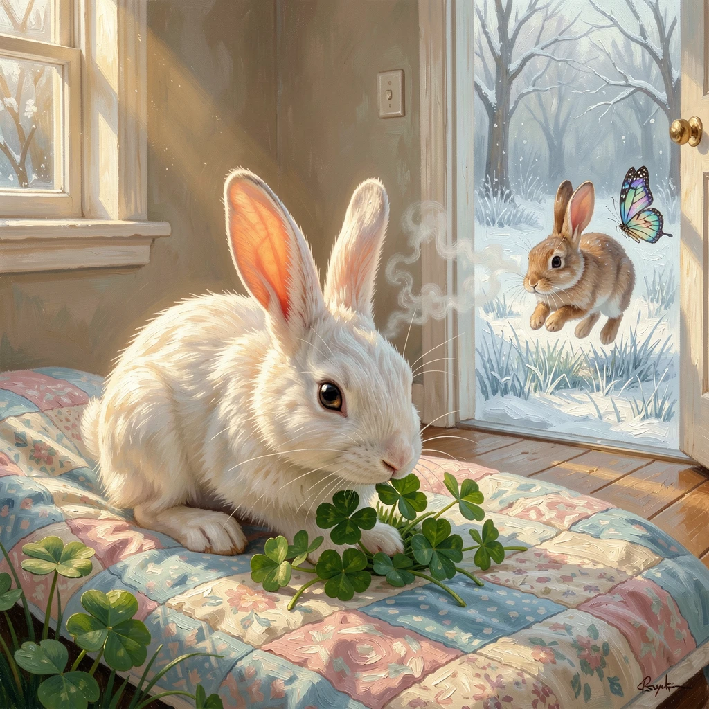 A rabbit nibbling clover in a garden, atop a soft quilt in a sun-warmed bedroom, it chasing a butterfly through the grass, on a snowy winter day, breath visible in the cold.