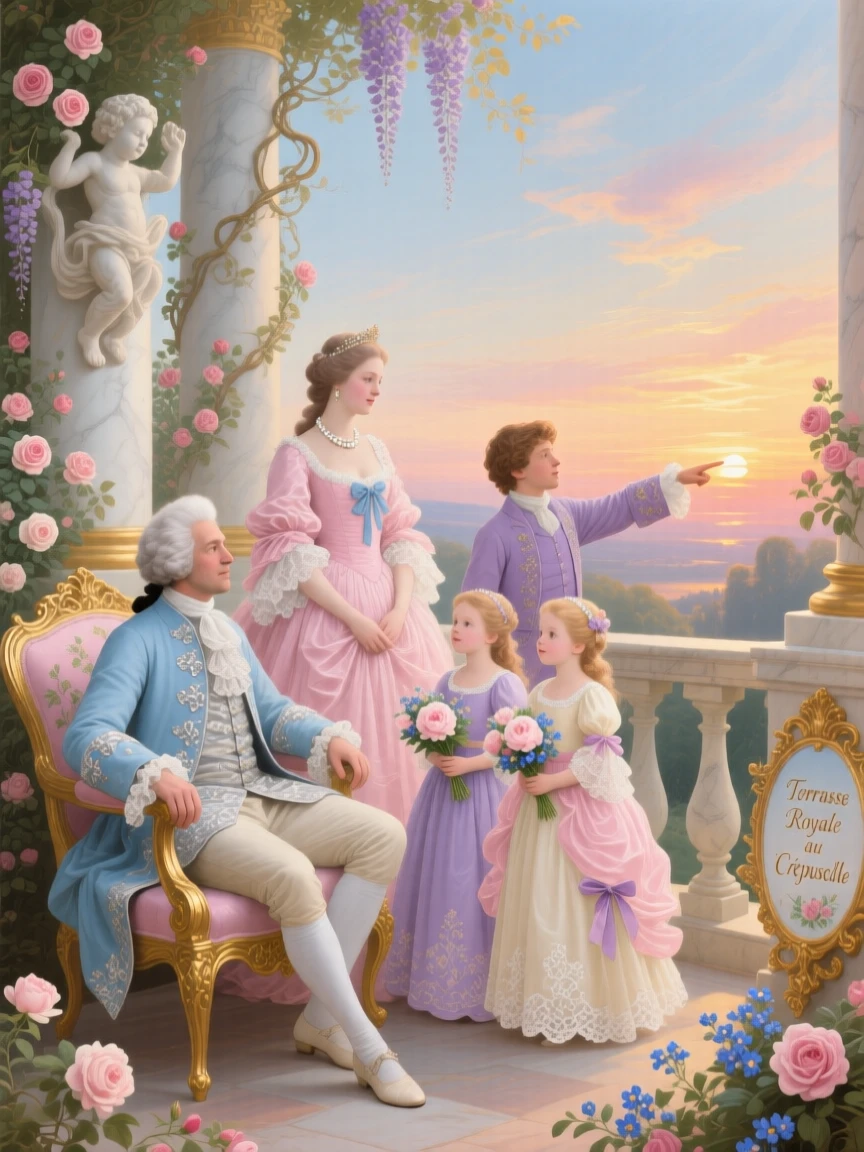 A royal family watching a sunset from an ornate terrace  